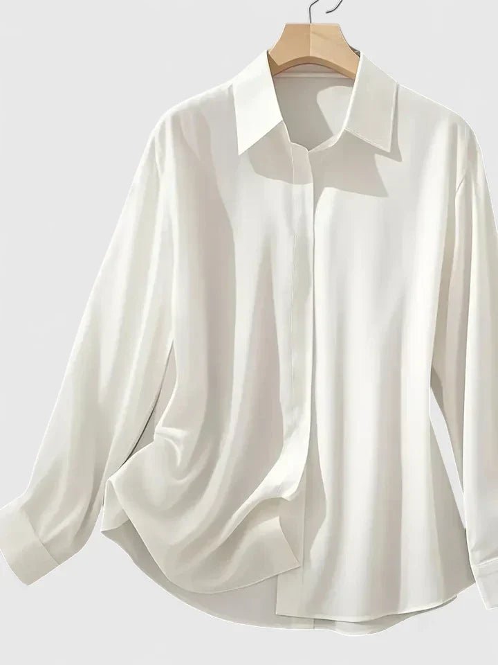 Women's navy blue satin shirt with concealed placket and long sleeves
