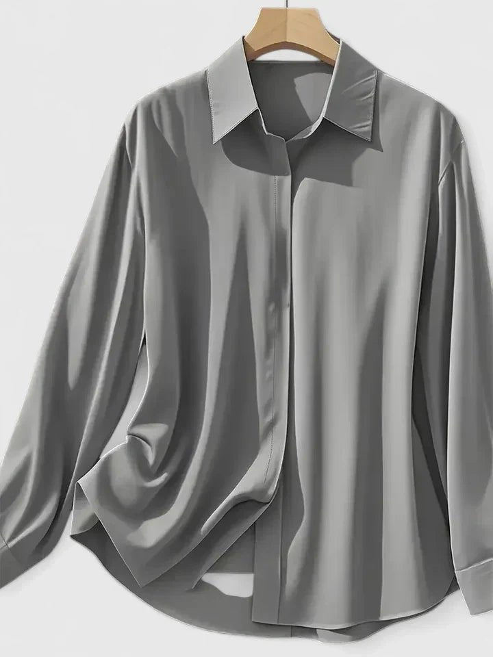 Women's navy blue satin shirt with concealed placket and long sleeves