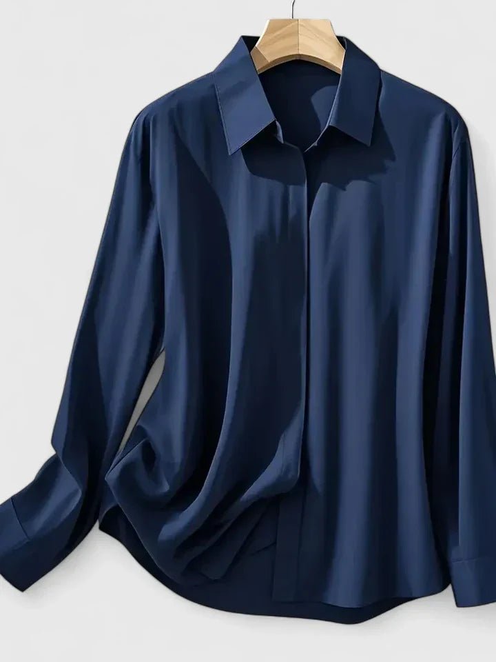 Women's white satin shirt with concealed placket and long sleeves