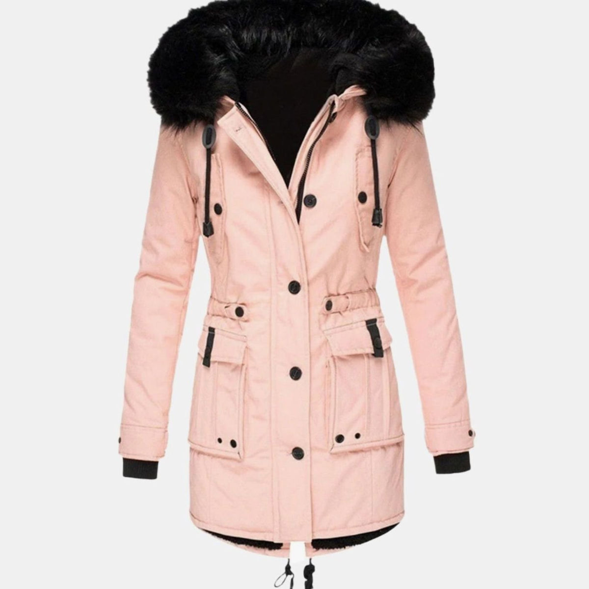 Pink Faux Fur-Trim Parka worn zipped up with the hood down