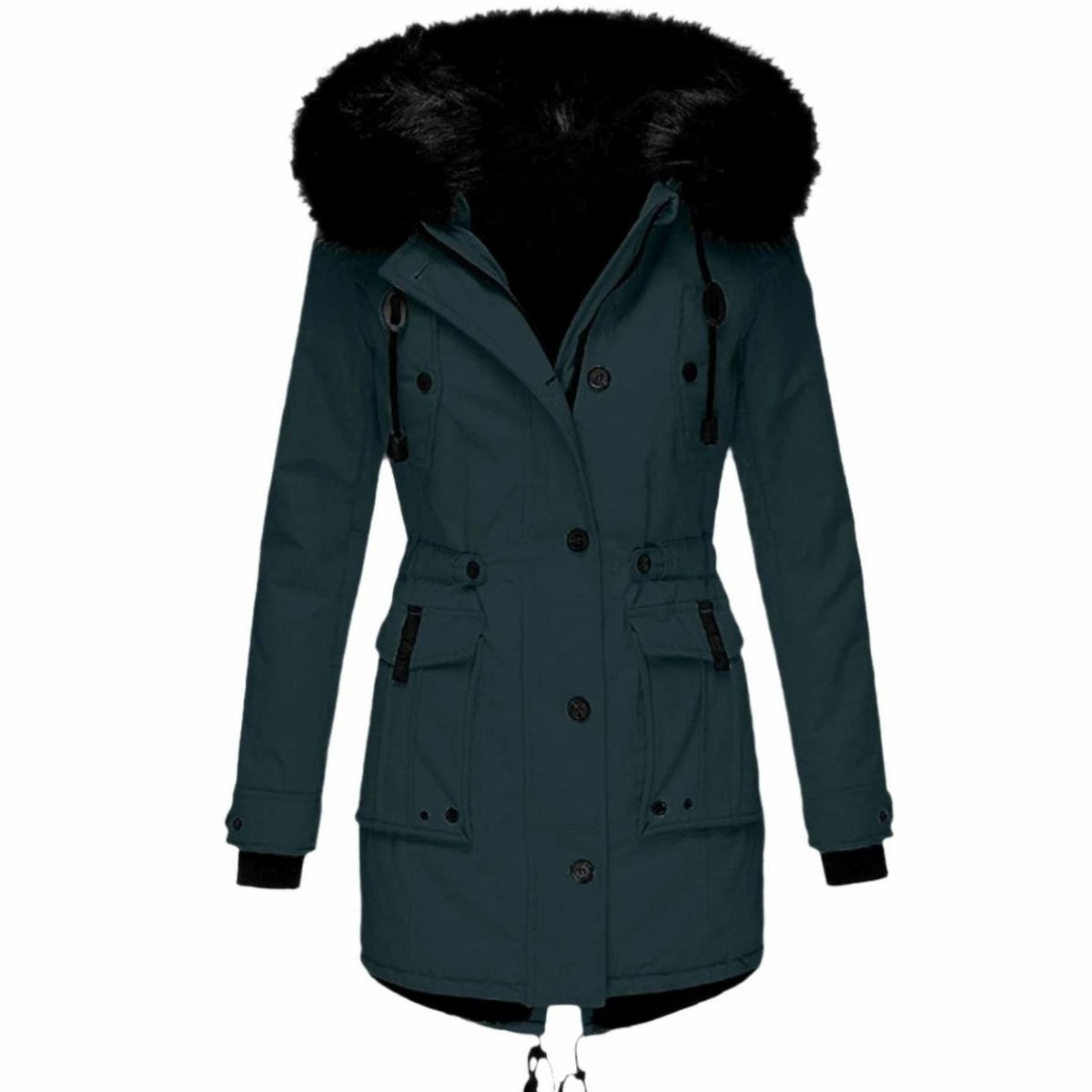 Green Faux Fur-Trim Parka shown from another angle, hood down