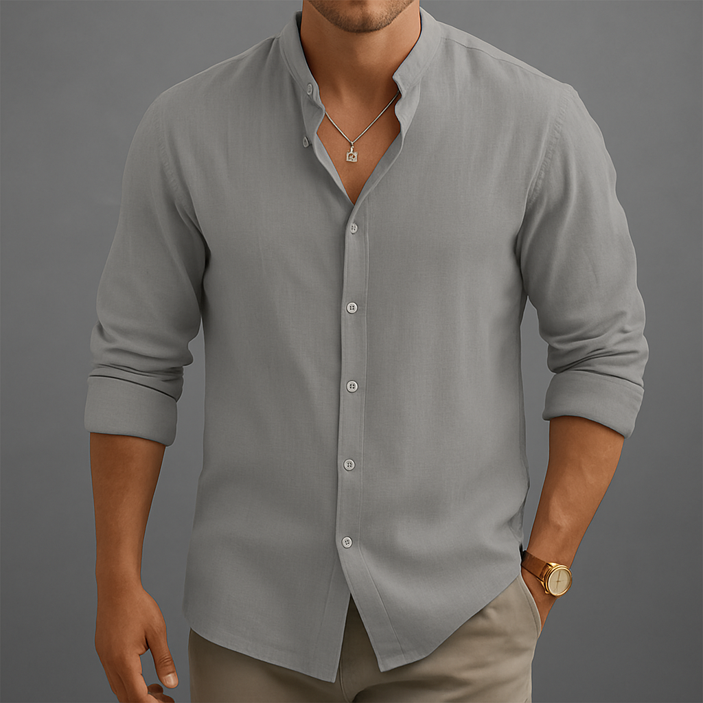 Men's linen grandad band collar shirt for summer