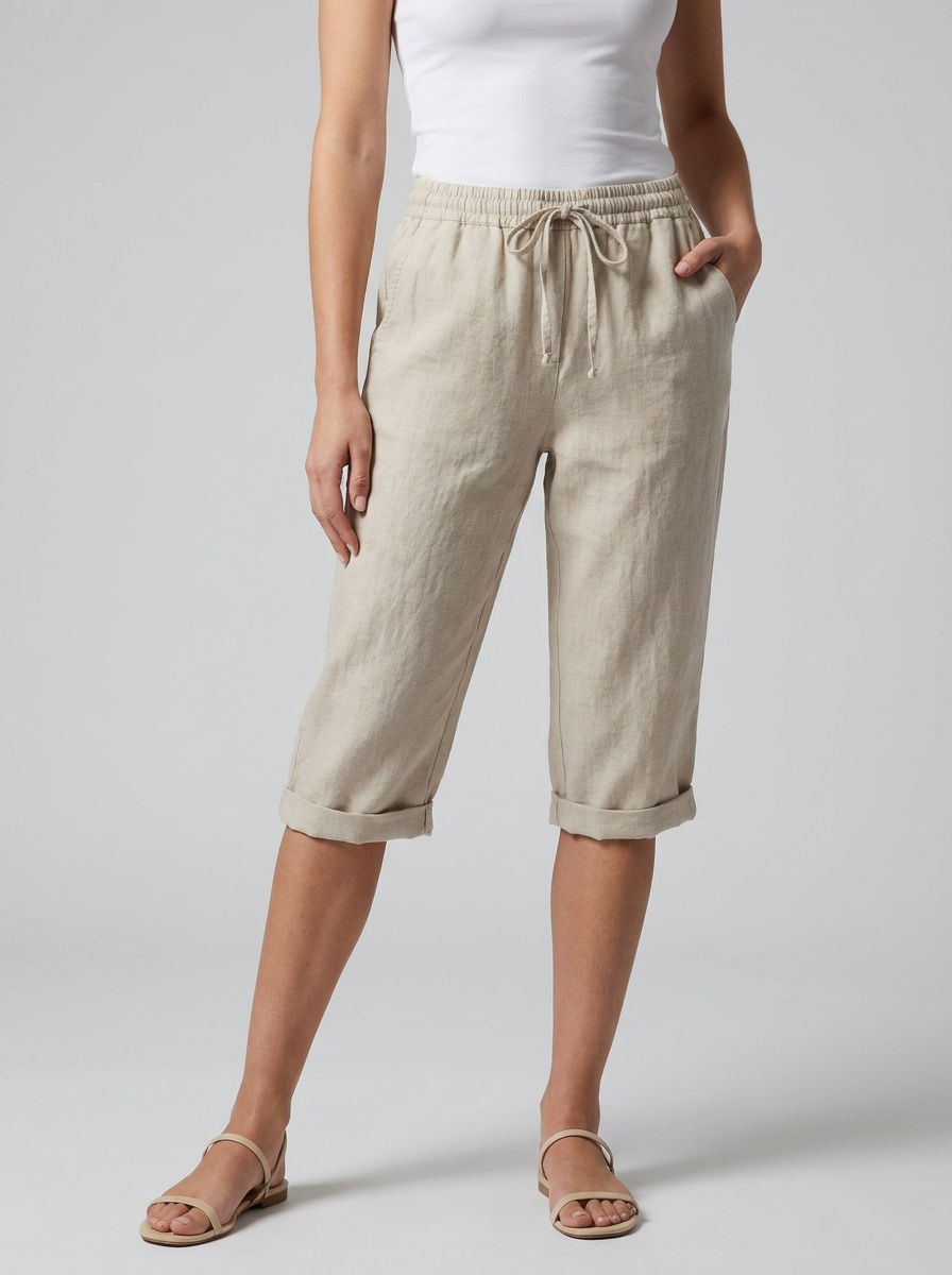 Women's khaki wide-leg linen shorts with drawstring waist