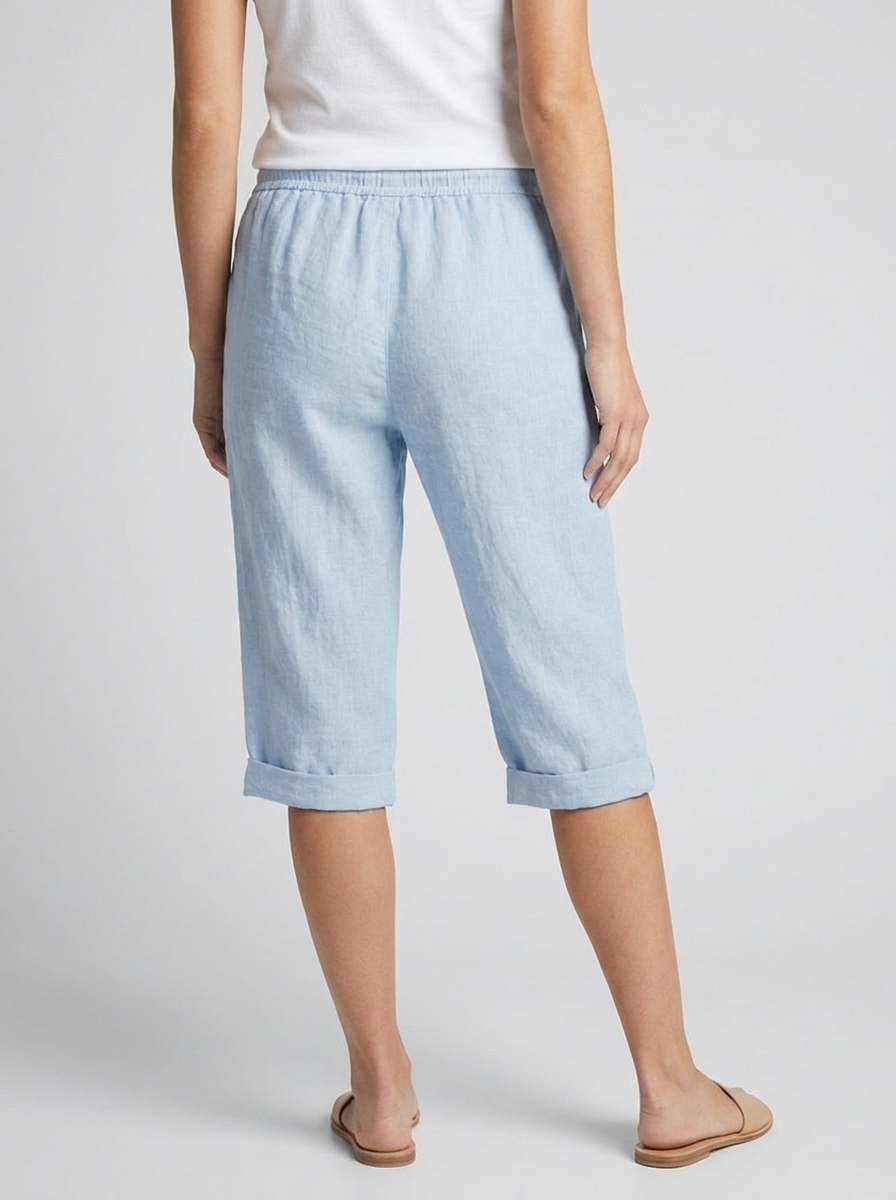 Women's khaki wide-leg linen shorts with drawstring waist