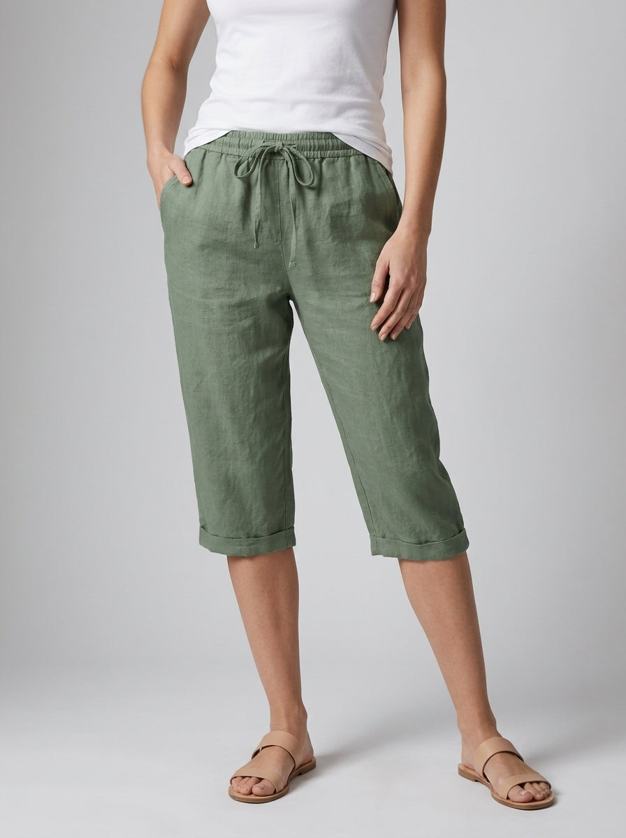 Women's orange wide-leg linen shorts with drawstring waist