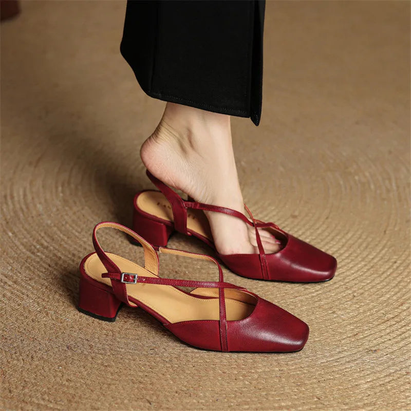 Women's red leather closed-toe block heel sandals
