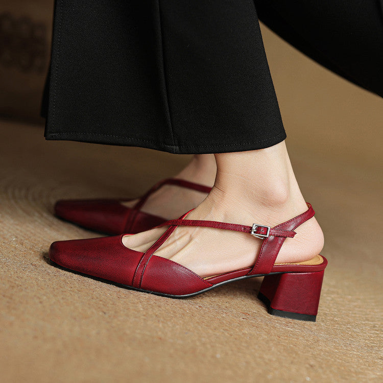 Women's red leather closed-toe block heel sandals