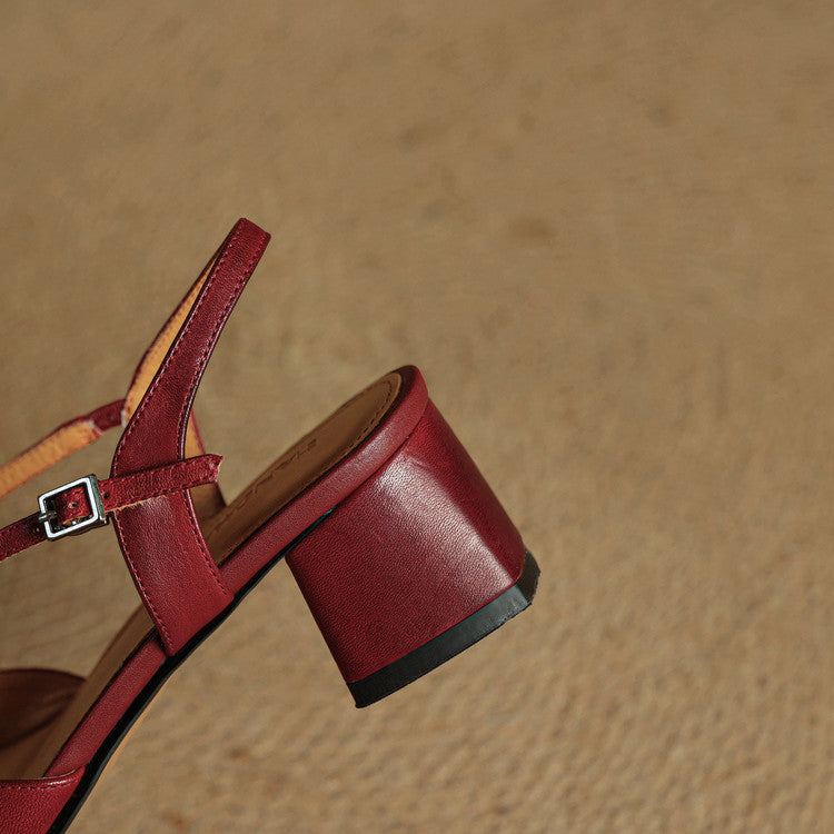Women's red leather closed-toe block heel sandals
