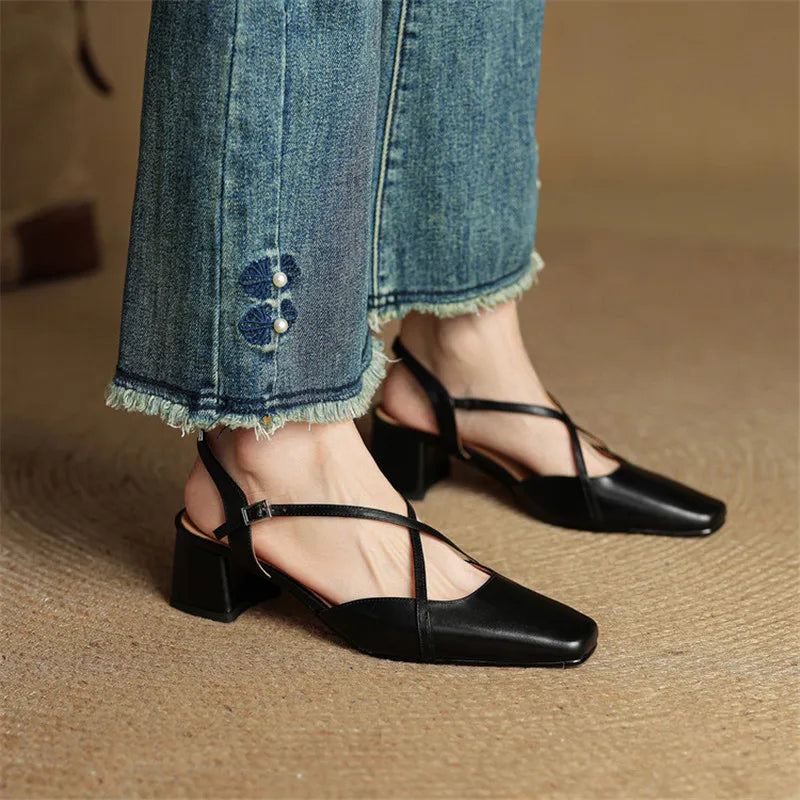 Women's red leather closed-toe block heel sandals
