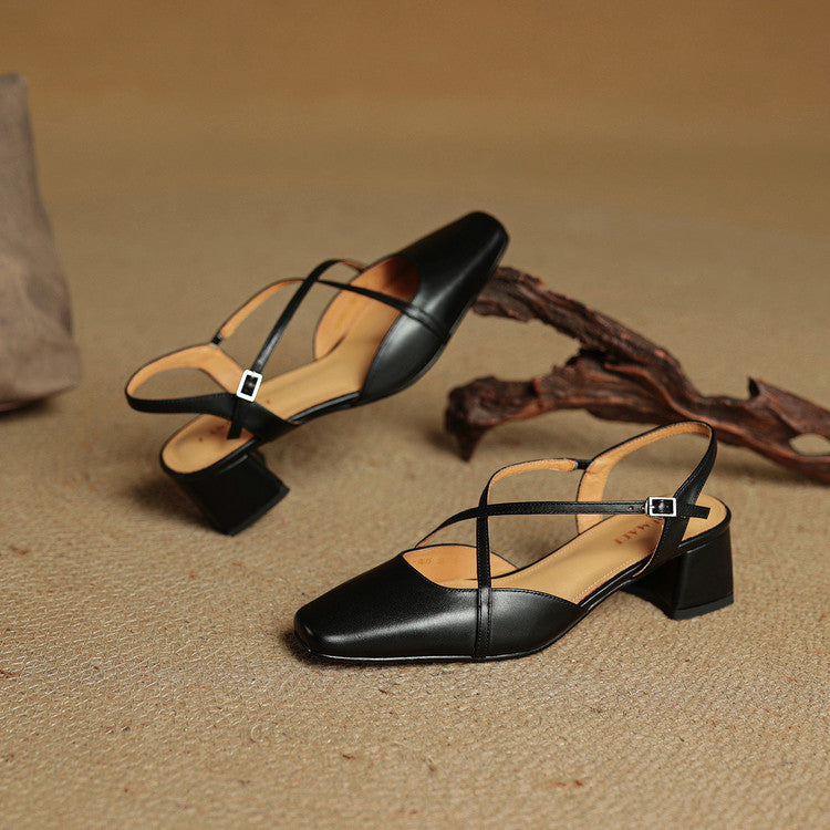 Women's black leather closed-toe block heel sandals