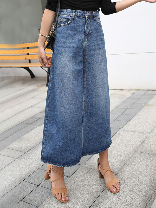 Luna | Long Denim Skirt High Waist Pockets 0