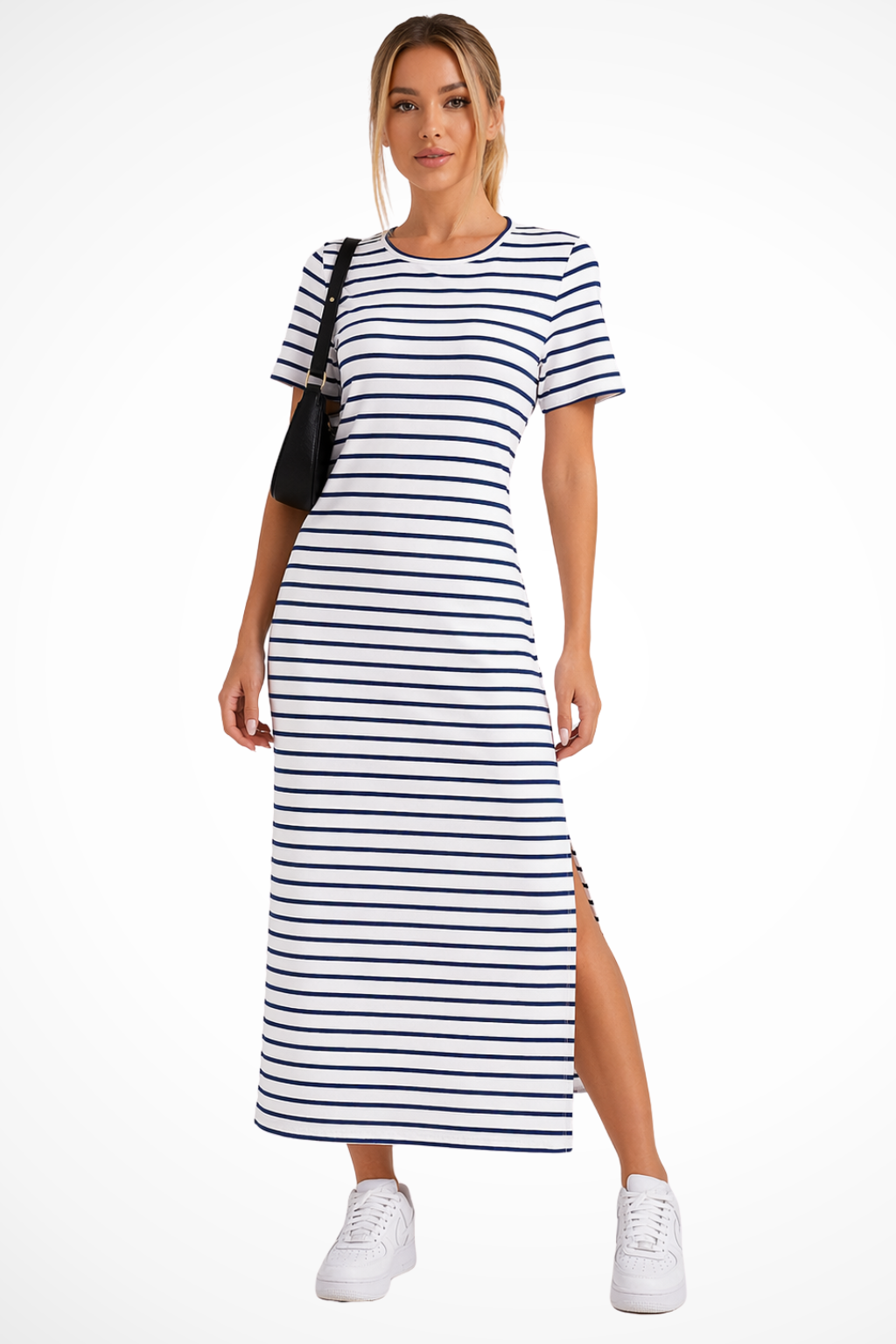 Women's striped short sleeve midi dress with side split