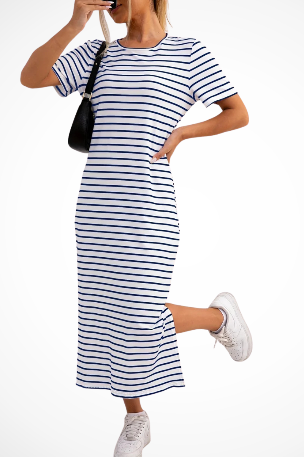 Women's striped short sleeve midi dress with side split