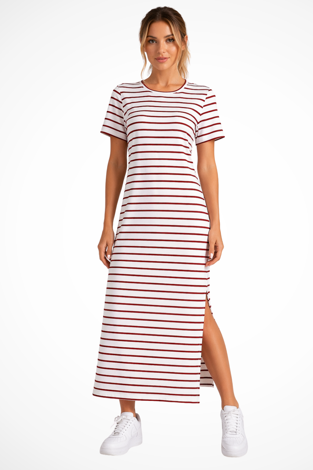 Women's striped short sleeve midi dress with side split