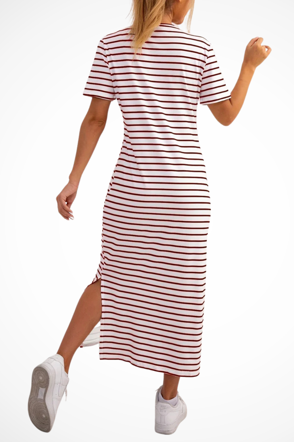 Women's striped short sleeve midi dress with side split