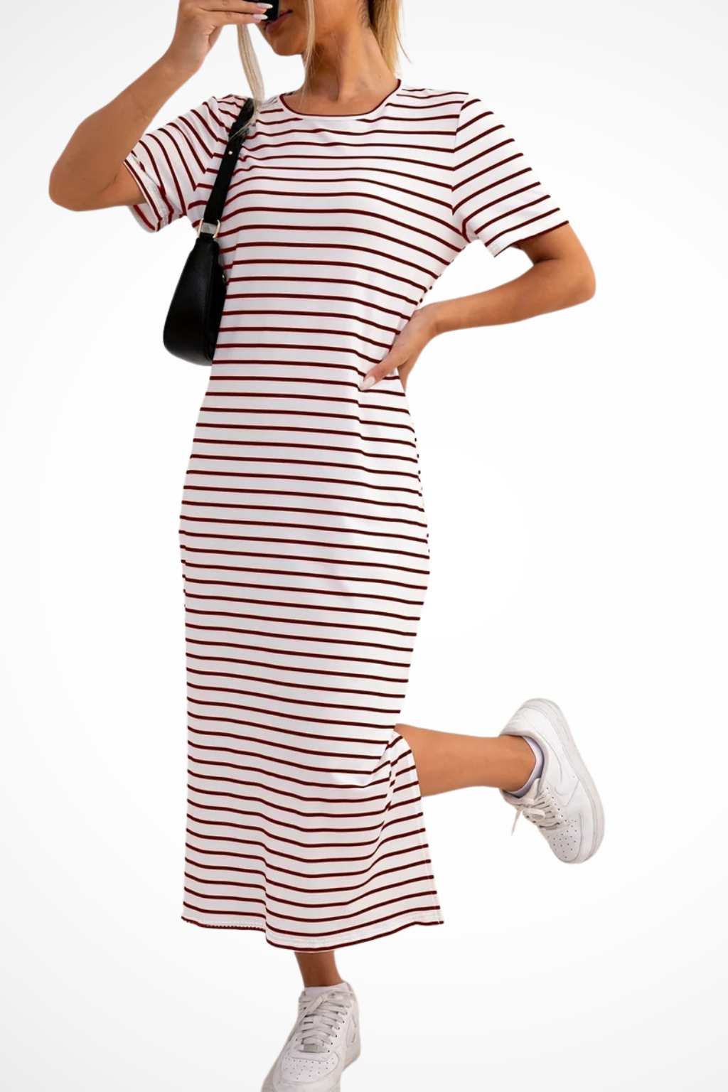 Women's striped short sleeve midi dress with side split