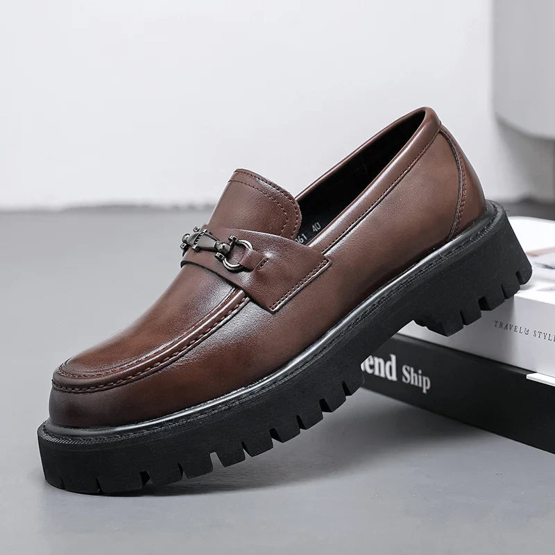 Men's brown leather chunky loafers with metal buckle
