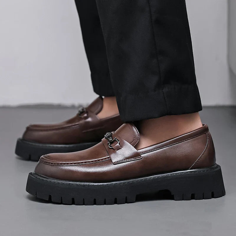 Men's brown leather chunky loafers with metal buckle