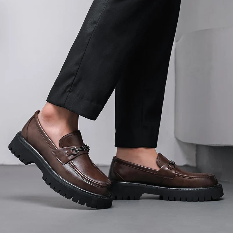 Men's brown leather chunky loafers with metal buckle