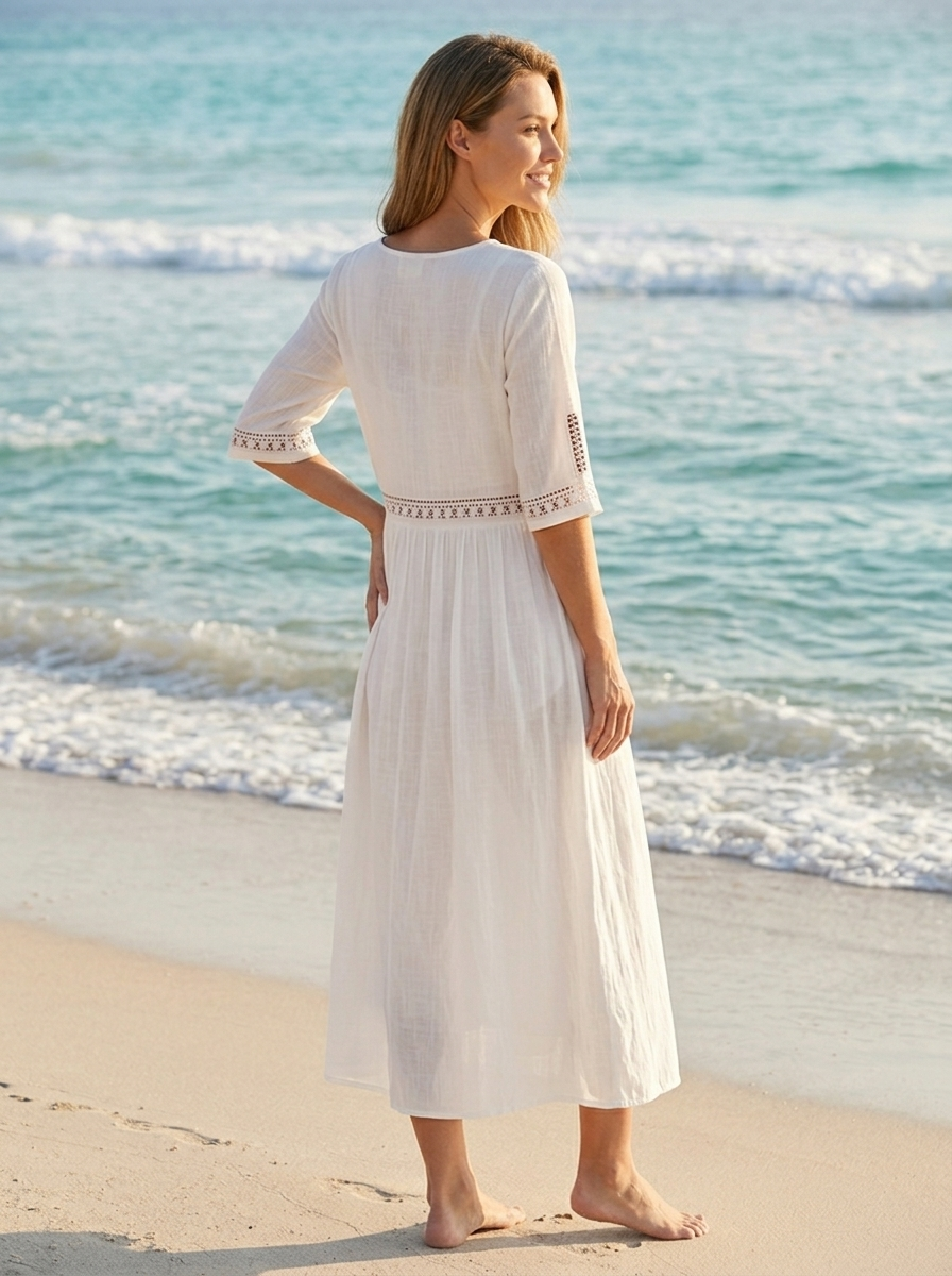 Women's white embroidered cotton midi dress