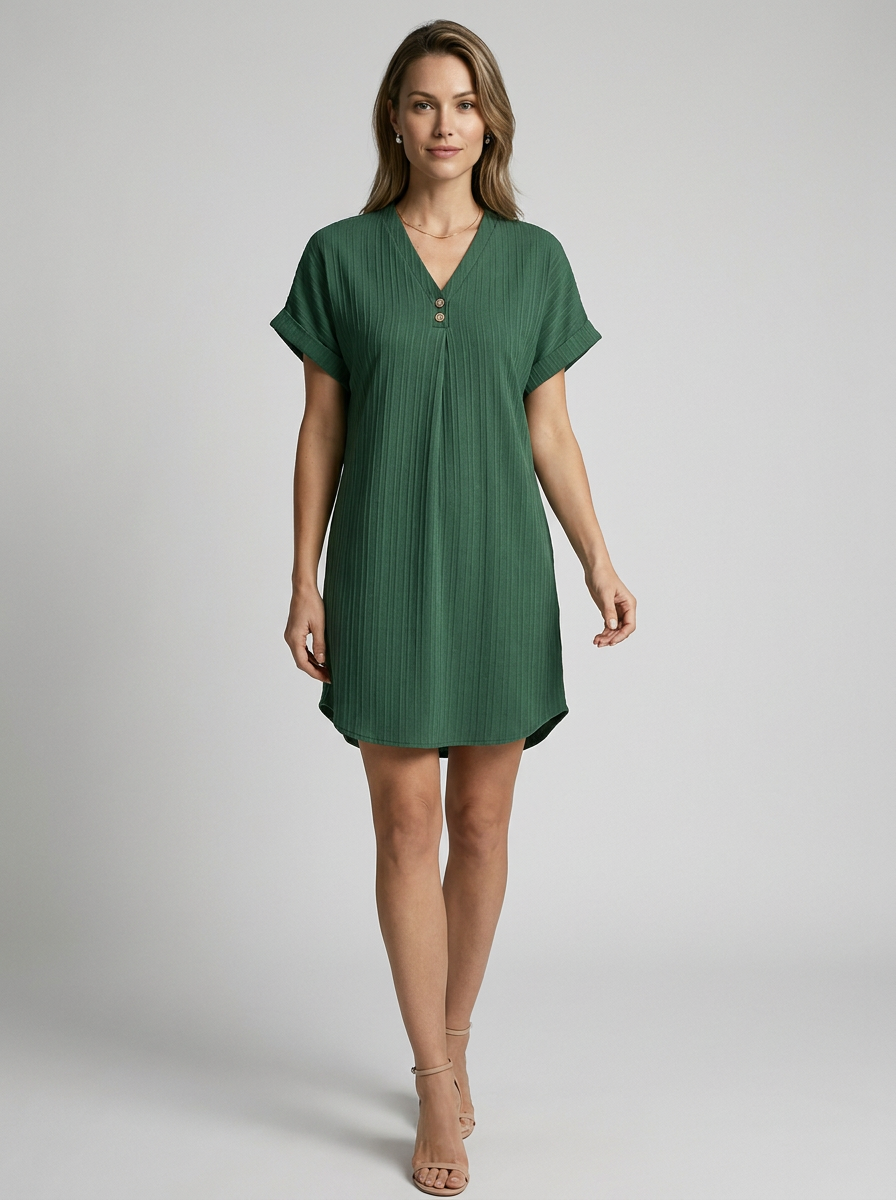 Ribbed Summer Dress with V-Neck and Buttons