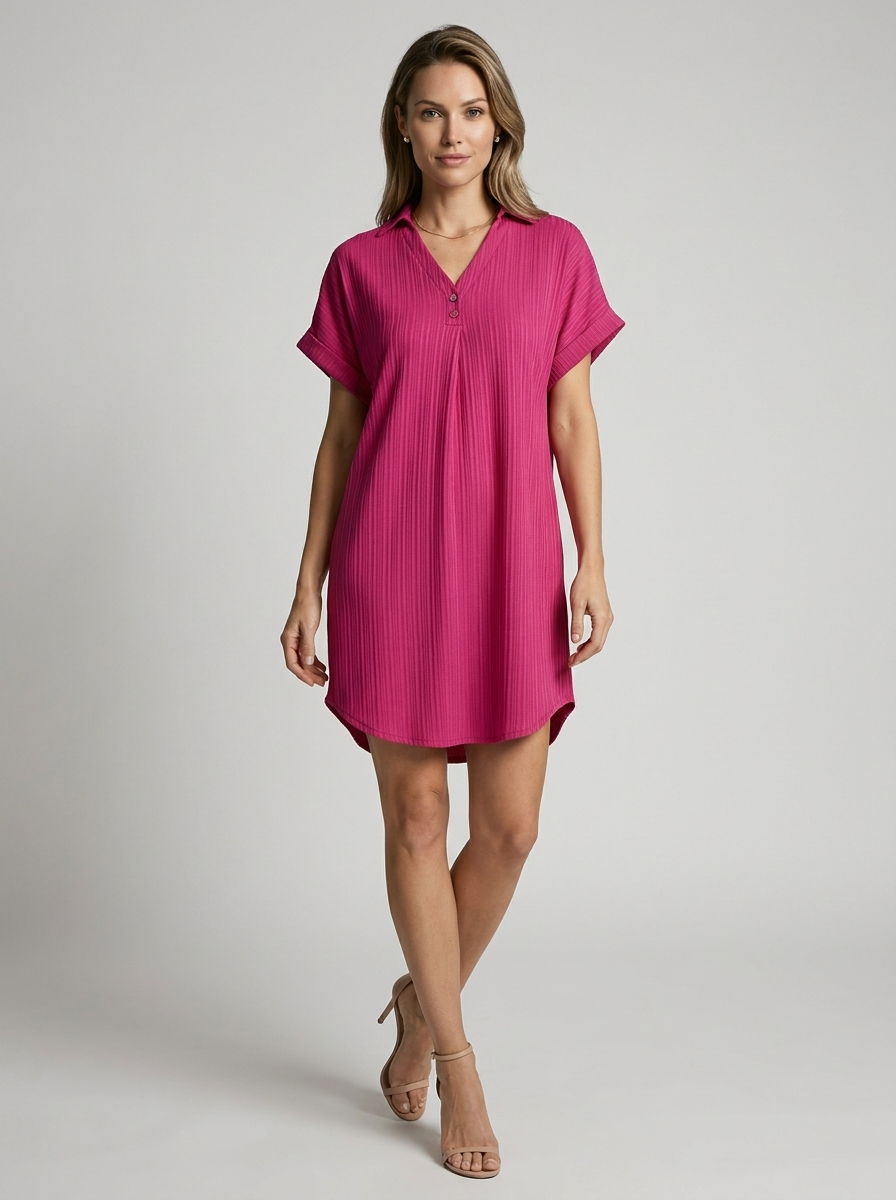 Ribbed Summer Dress with V-Neck and Buttons