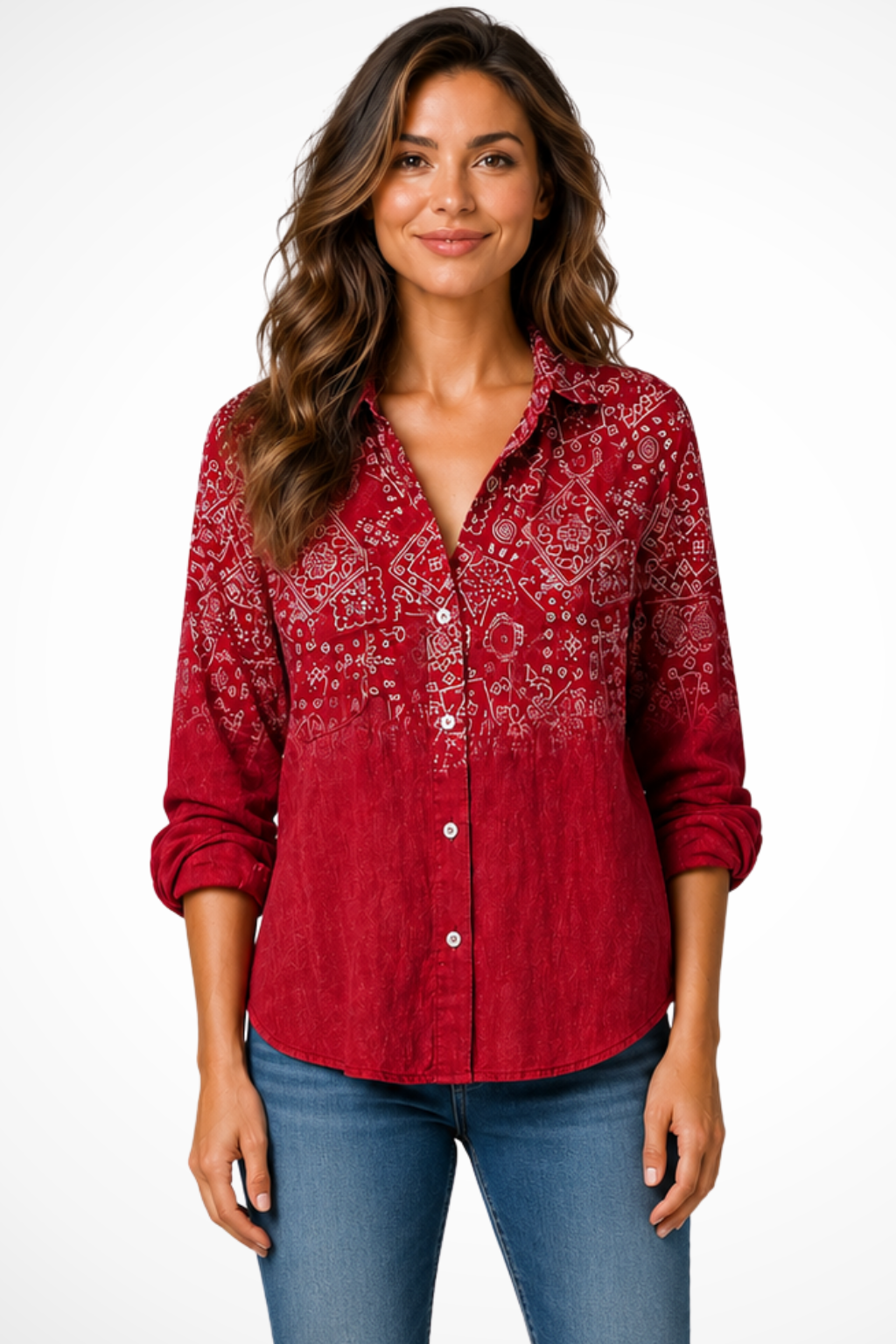 Women's red bandana print button-down boho blouse