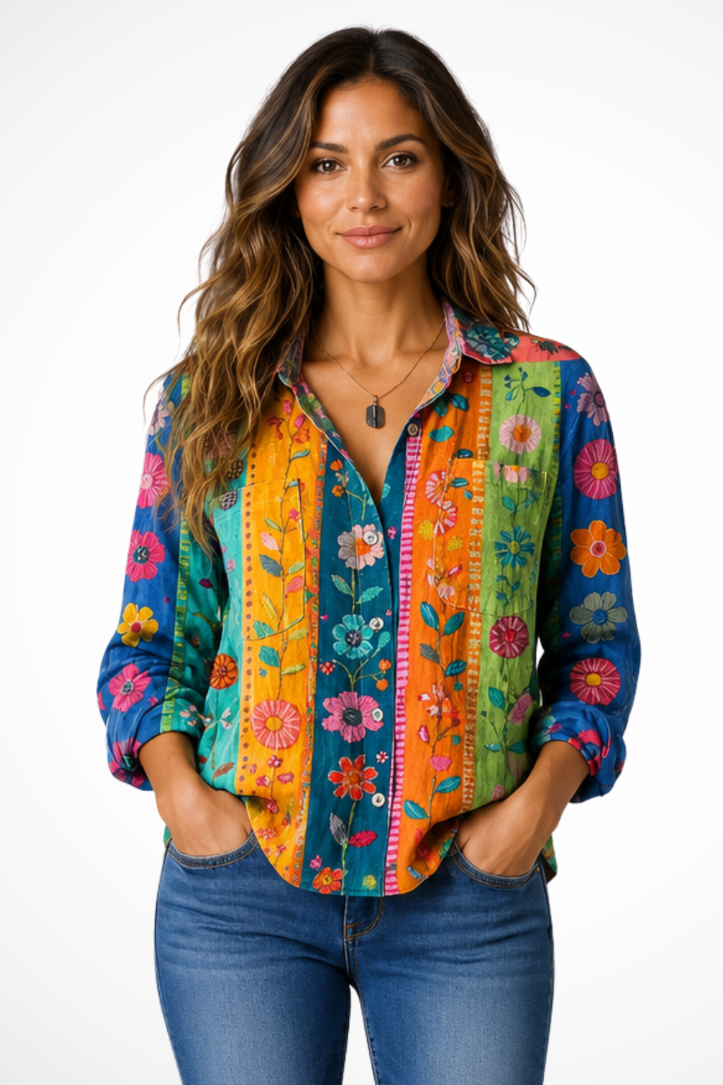 Women's multicolored bandana print button-down boho blouse