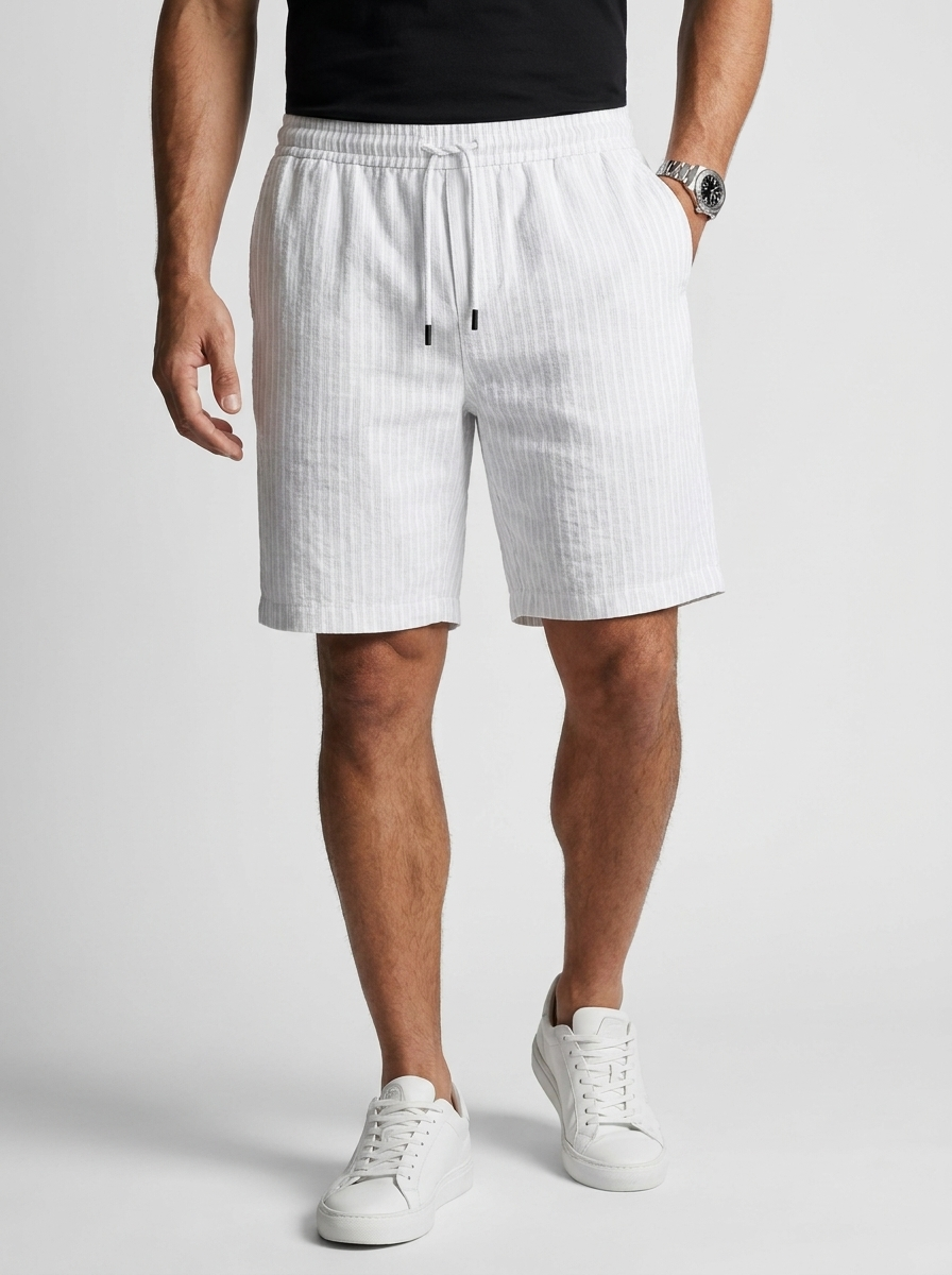 Men's white linen shorts with elastic waist and drawstring