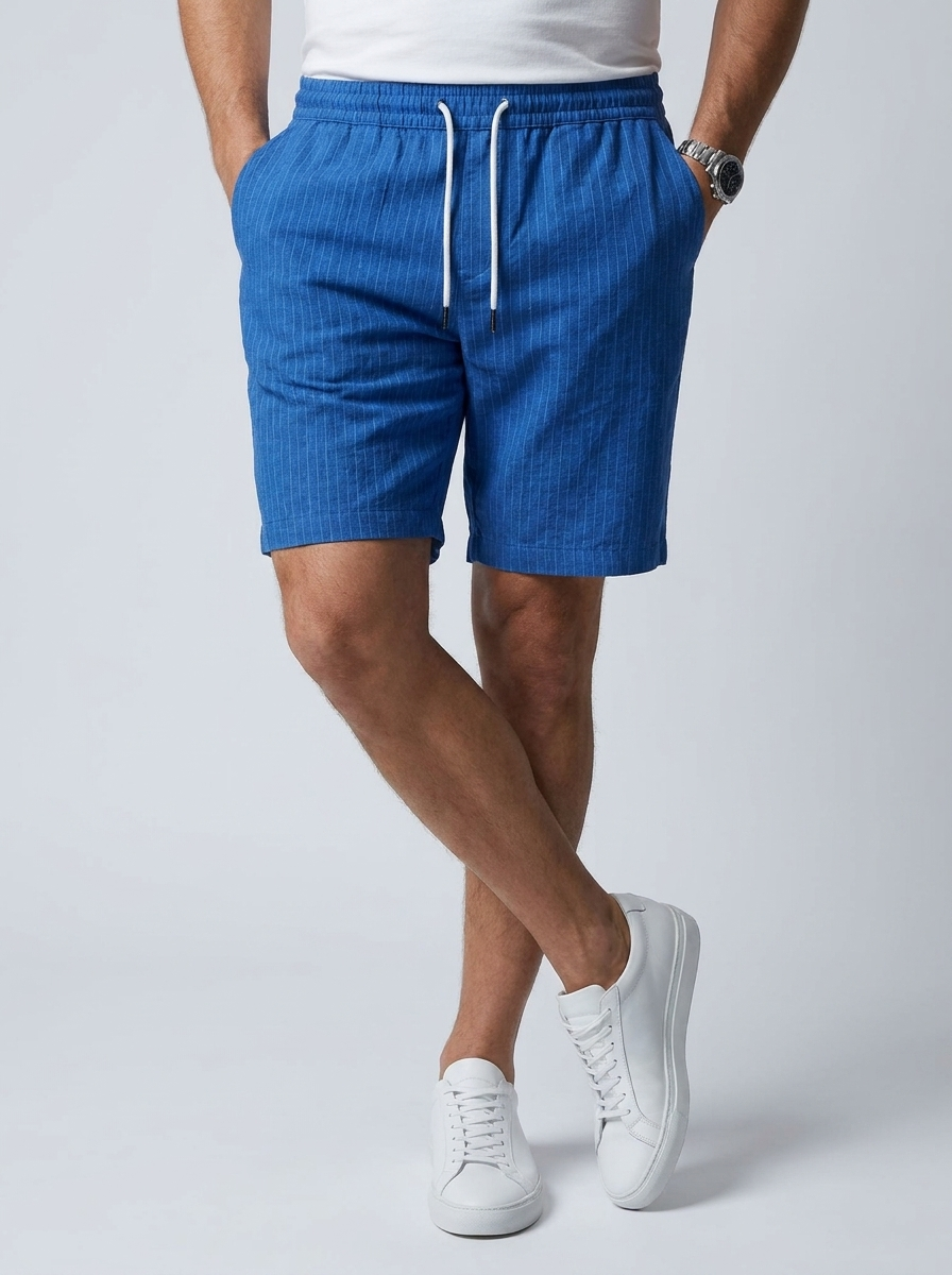Men's white linen shorts with elastic waist and drawstring