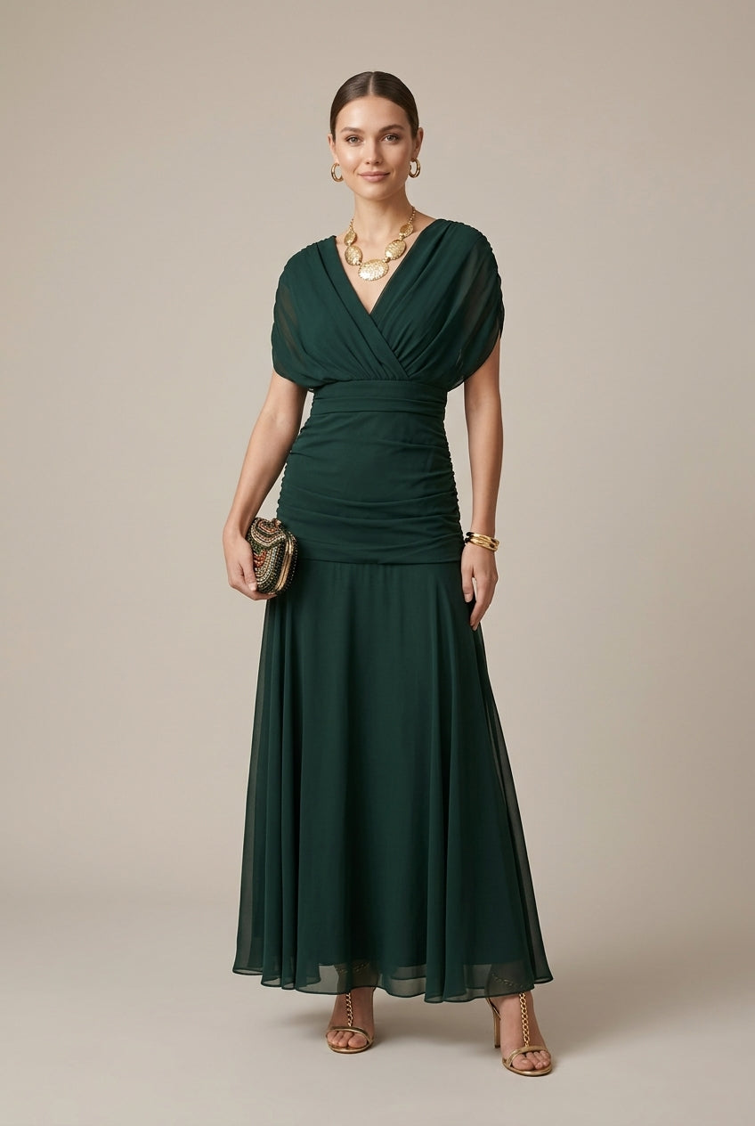 Maxi Dress V-Neck Wrap Short Sleeve Style 0