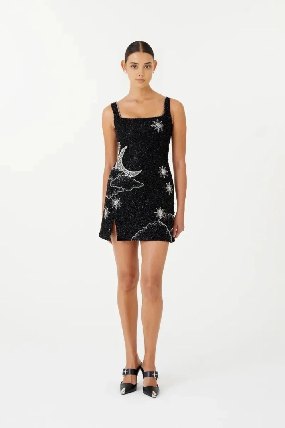 women's embellished mini dress with a square neck