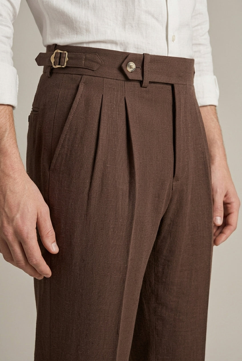 Men's brown pleated high waist wide leg trousers with buckle tab