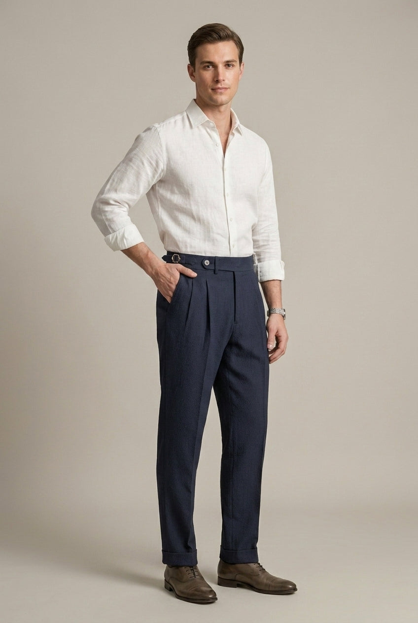 Men's brown pleated high waist wide leg trousers with buckle tab
