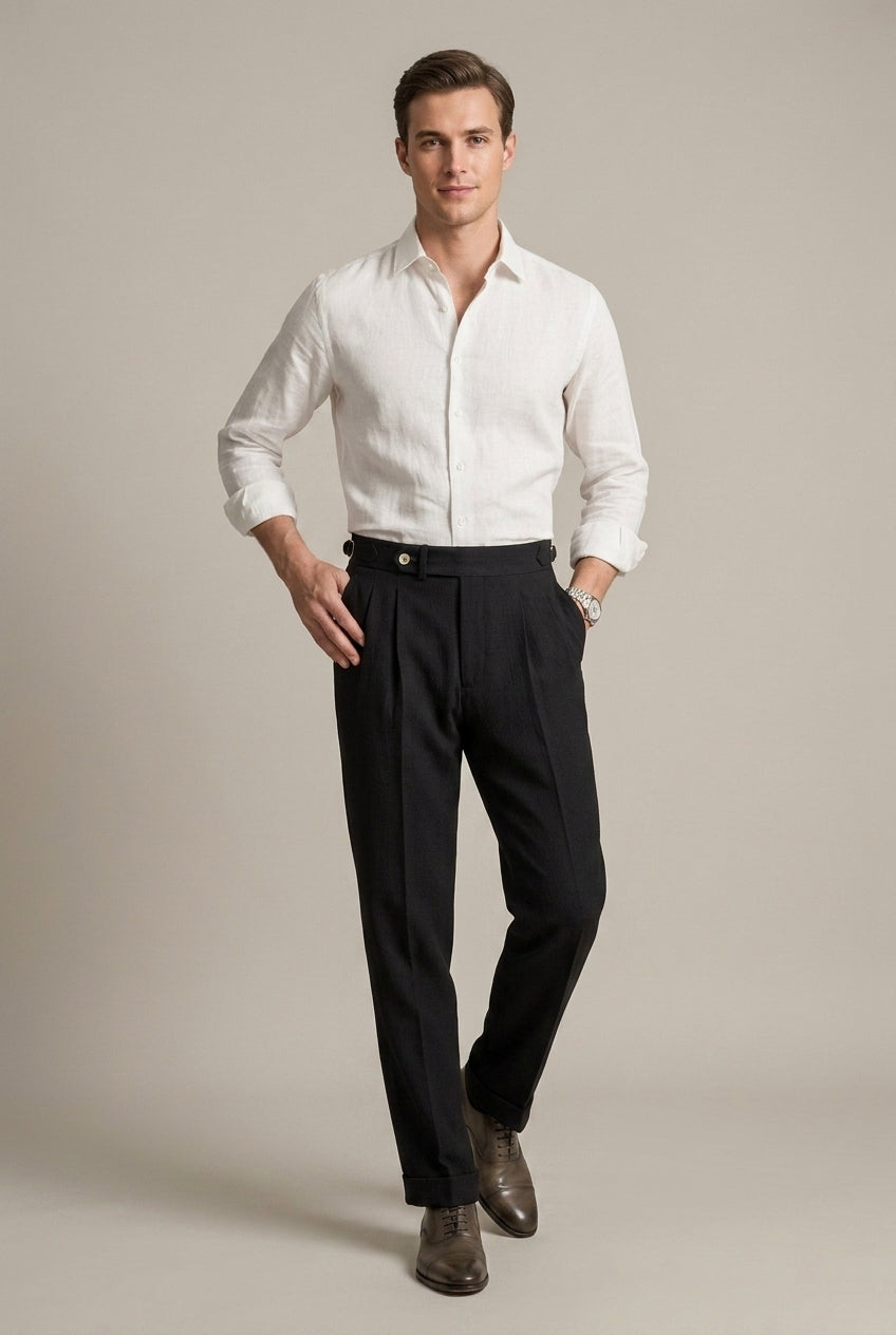 Men's brown pleated high waist wide leg trousers with buckle tab