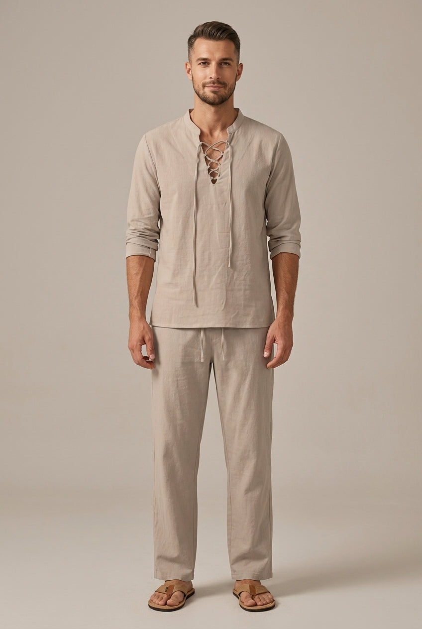 Men's Linen Blend Wide Leg Two Piece Set 0