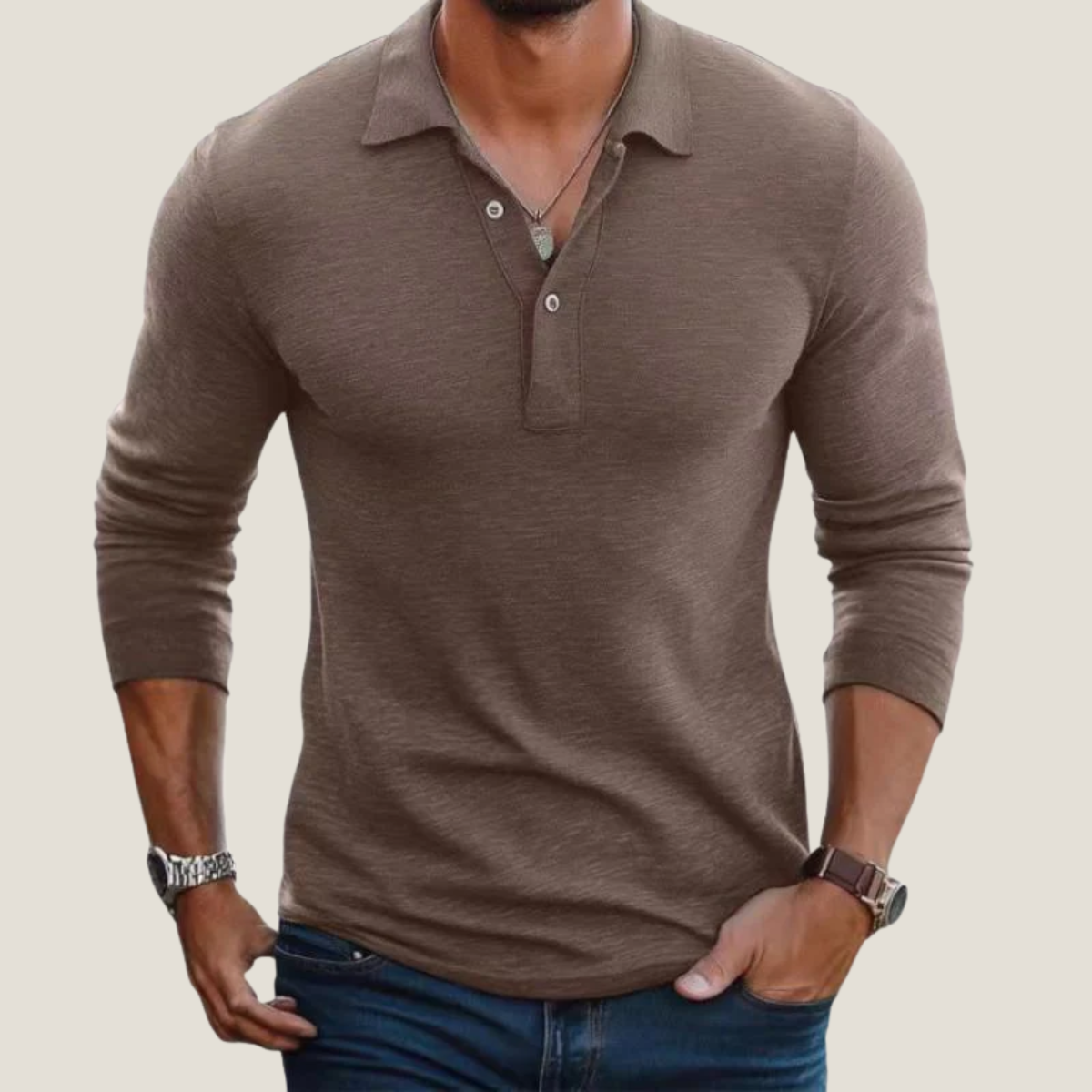 Men's taupe long sleeve polo shirt with button placket and lapel collar