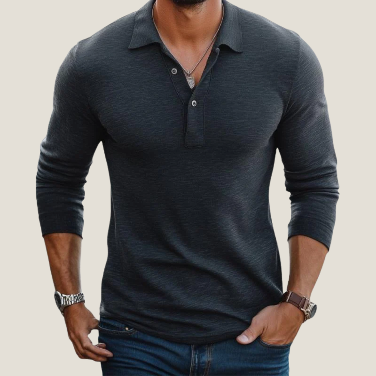 Men's taupe long sleeve polo shirt with button placket and lapel collar