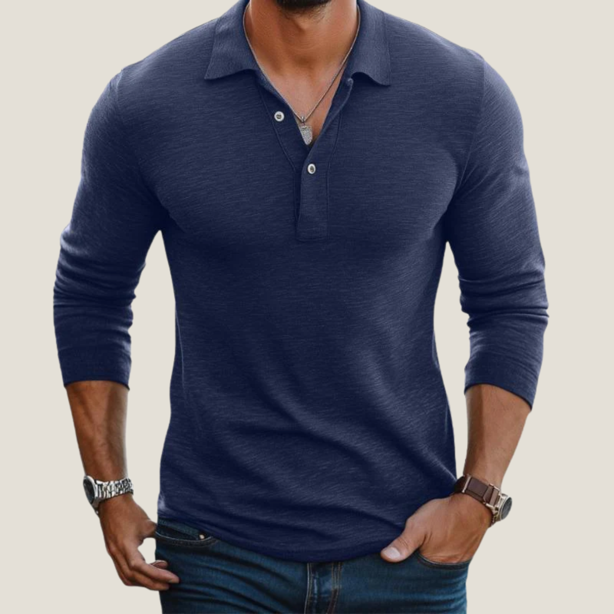 Men's taupe long sleeve polo shirt with button placket and lapel collar