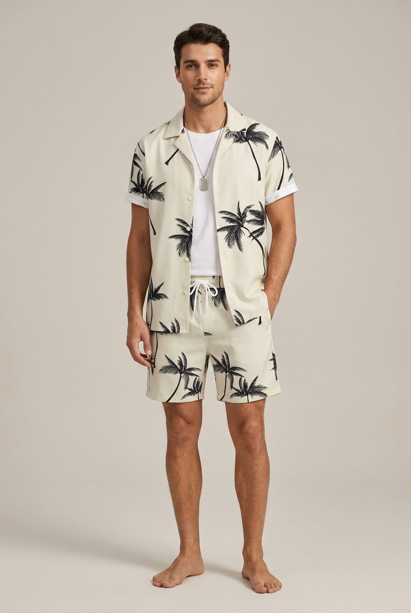 Men's beige palm print shirt and shorts two piece summer set