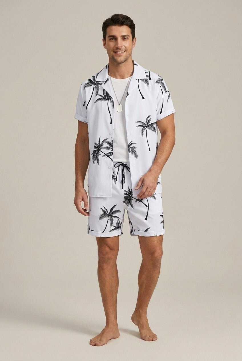 Men's beige palm print shirt and shorts two piece summer set