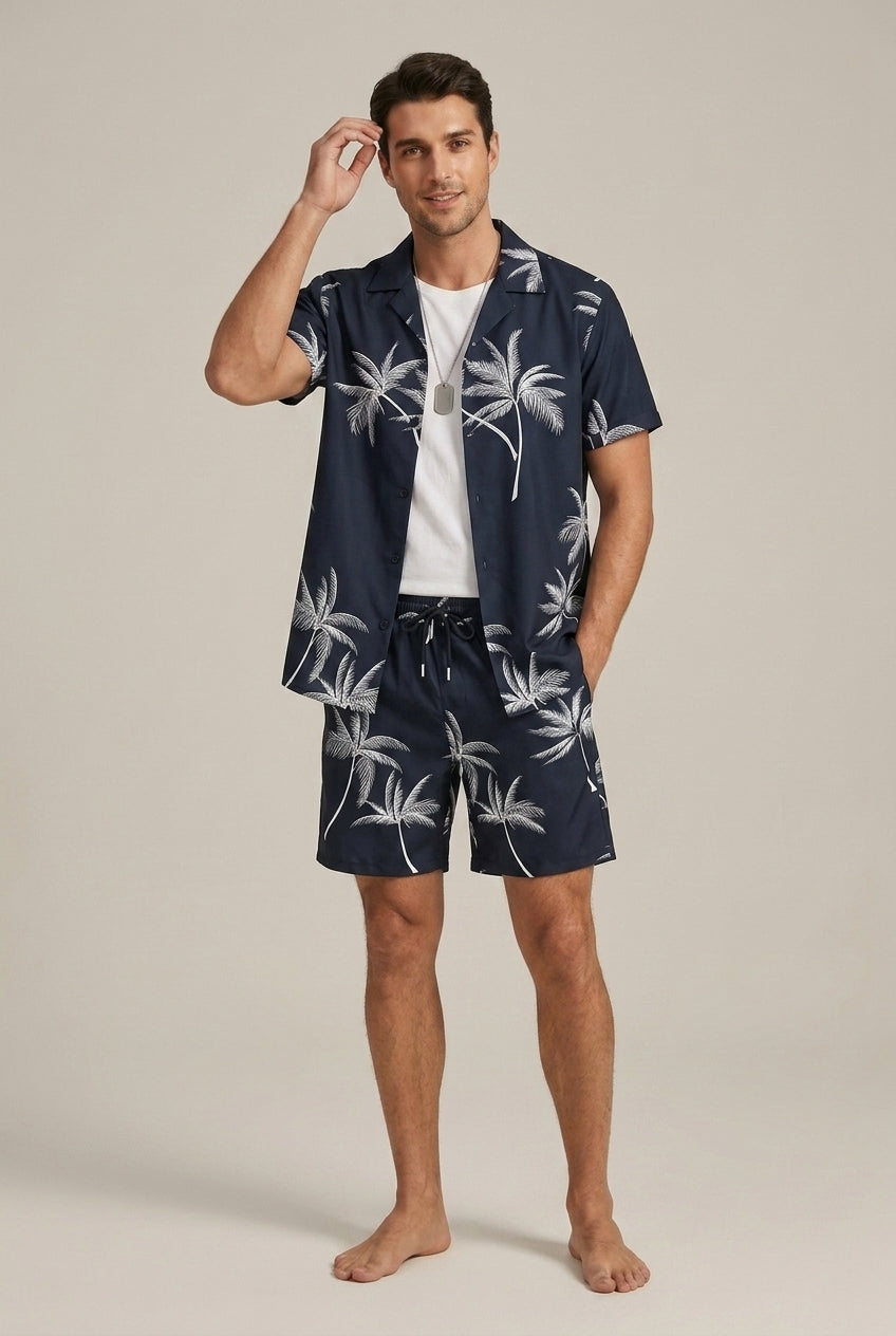 Men's beige palm print shirt and shorts two piece summer set