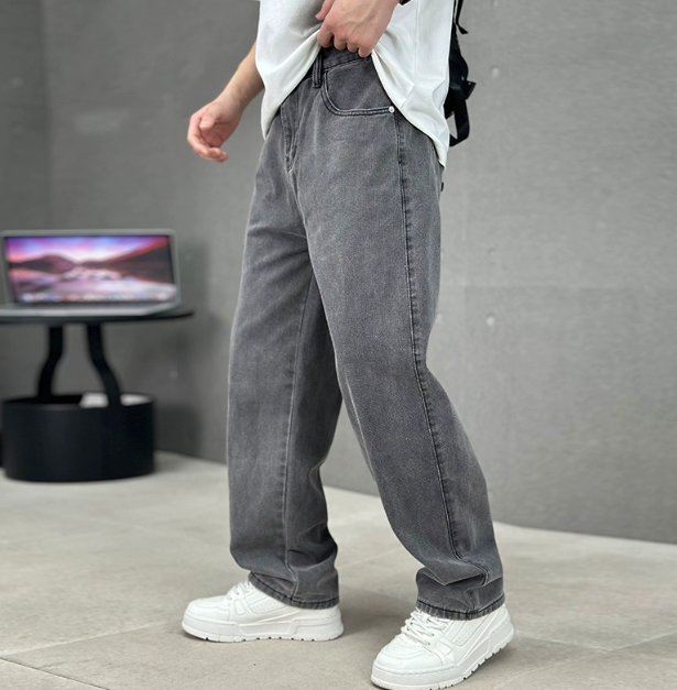 Men's dark grey relaxed fit straight leg jeans with five pocket styling