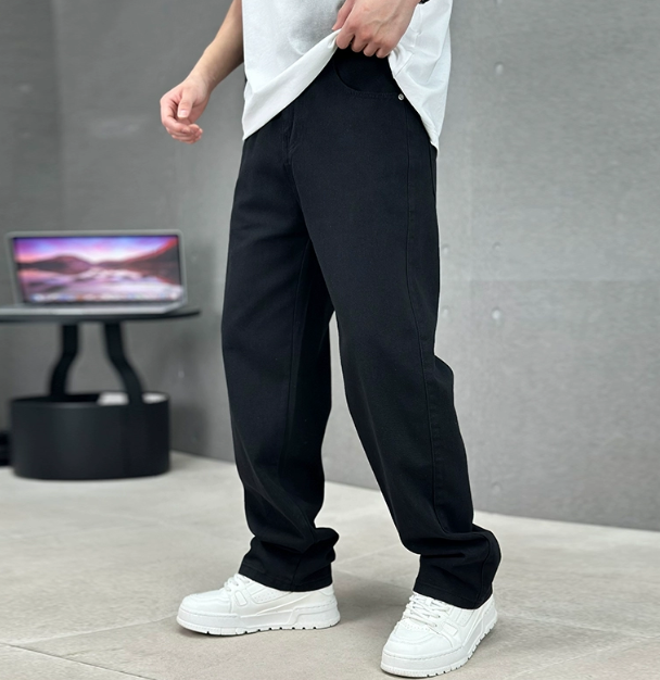 Men's dark grey relaxed fit straight leg jeans with five pocket styling