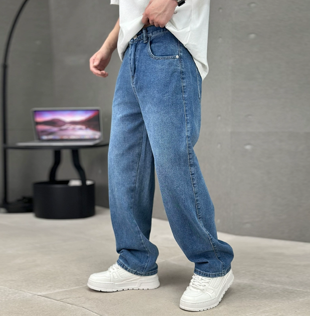 Men's dark grey relaxed fit straight leg jeans with five pocket styling