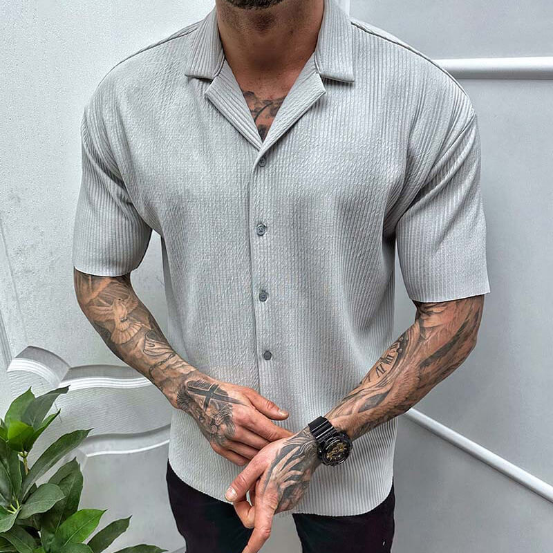 Men's black ribbed knitted shirt with camp collar