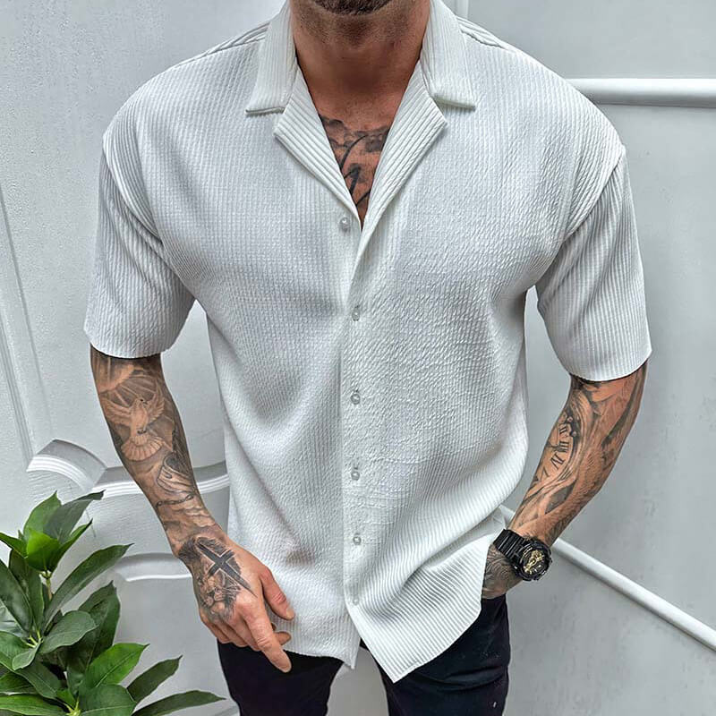 Men's black ribbed knitted shirt with camp collar