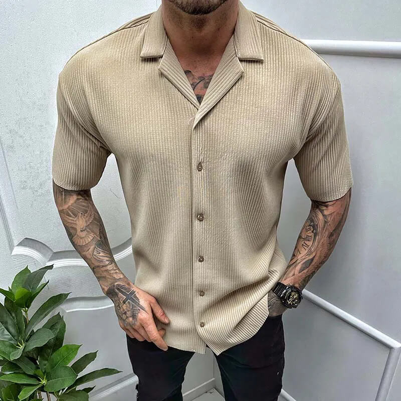 Men's black ribbed knitted shirt with camp collar