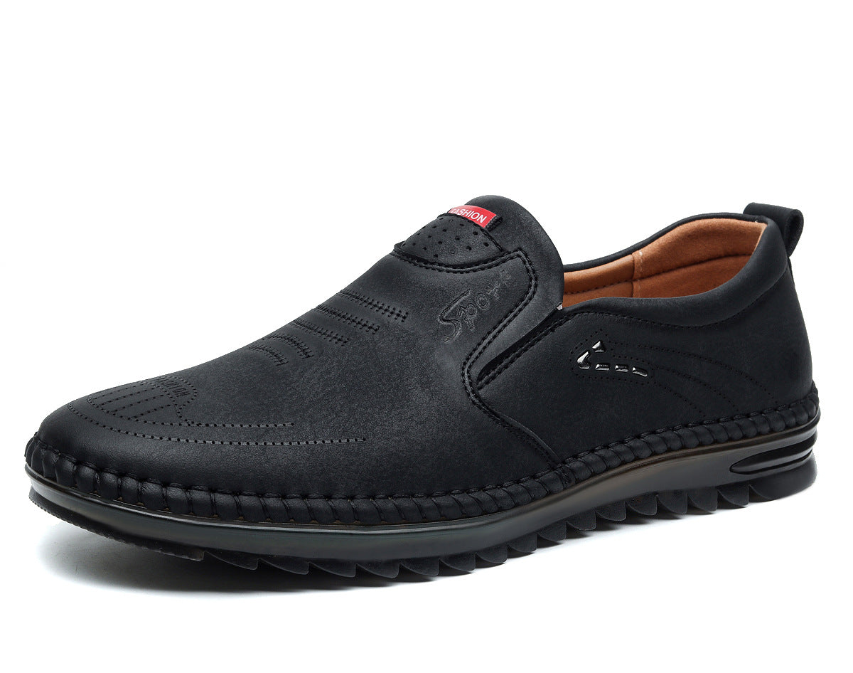 Men's black slip on leather loafers with moccasin stitch detail