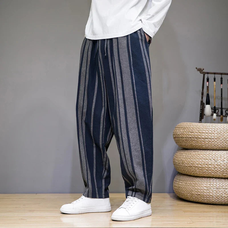 Men's blue striped cropped trousers with wide leg and drawstring waist